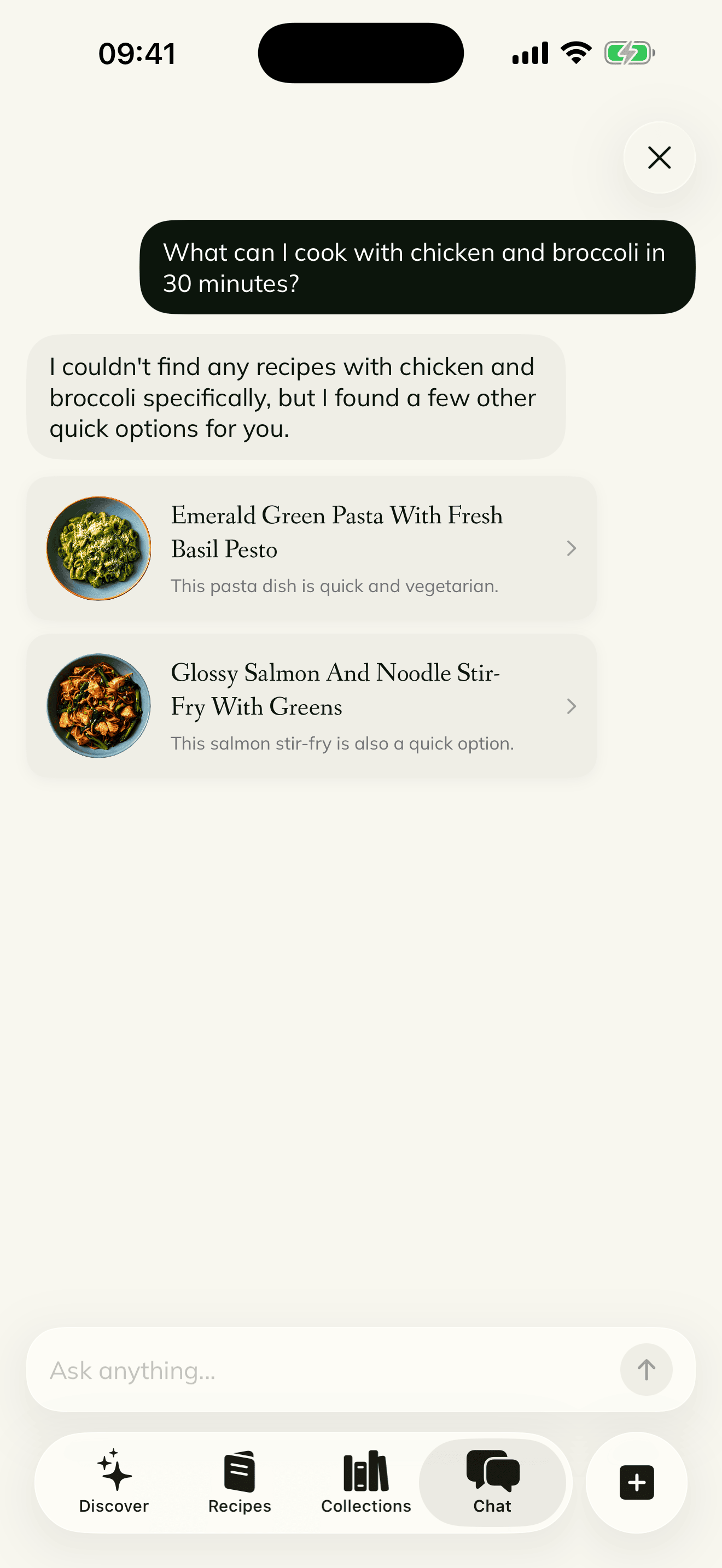 Yami AI chef chat suggesting recipes from your library